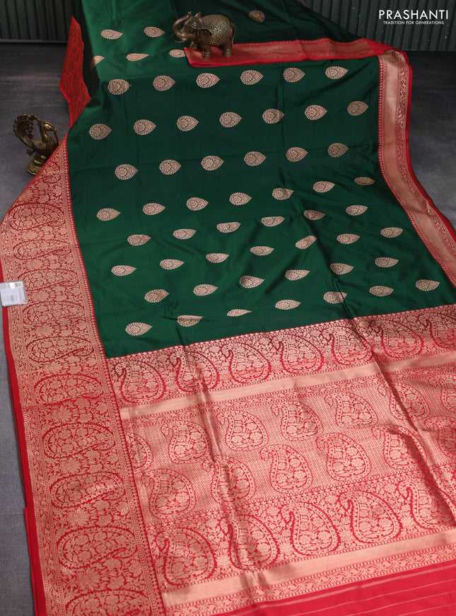 Banarasi katan silk saree green and red and copper zari woven buttas and copper zari woven border