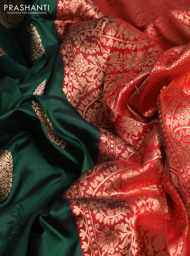 Banarasi katan silk saree green and red and copper zari woven buttas and copper zari woven border