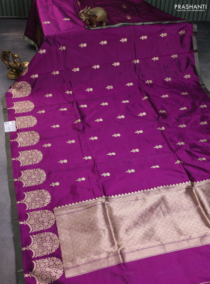 Banarasi katan silk saree purple and grey with zari woven floral buttas and piping border