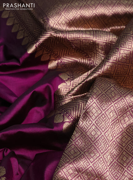 Banarasi katan silk saree purple and grey with zari woven floral buttas and piping border