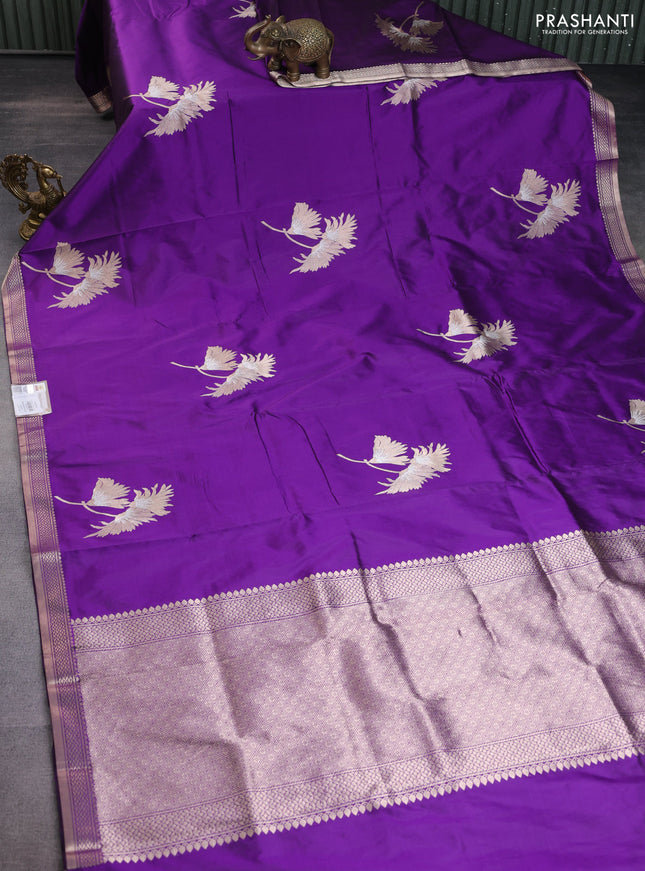 Banarasi katan silk saree violet with zari woven floral buttas and zari woven border