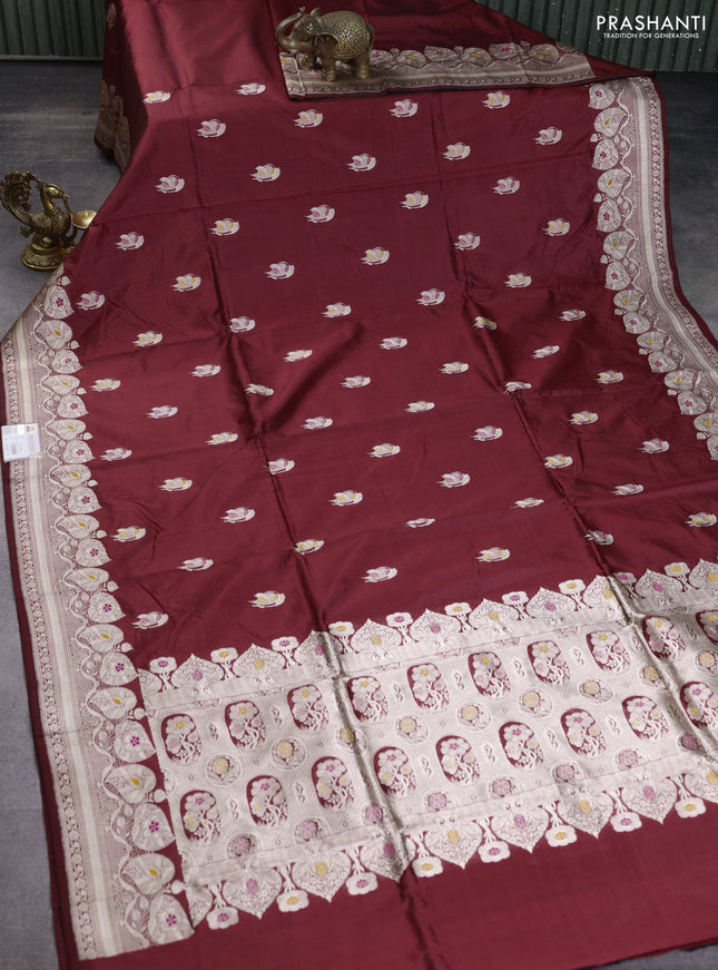 Banarasi katan silk saree maroon with zari woven floral buttas and zari woven border