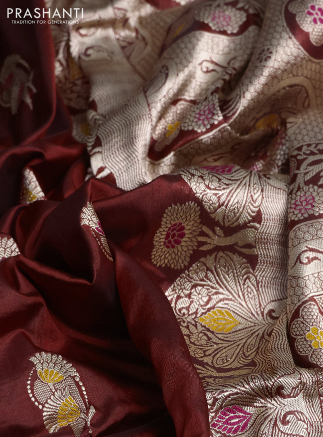 Banarasi katan silk saree maroon with zari woven floral buttas and zari woven border