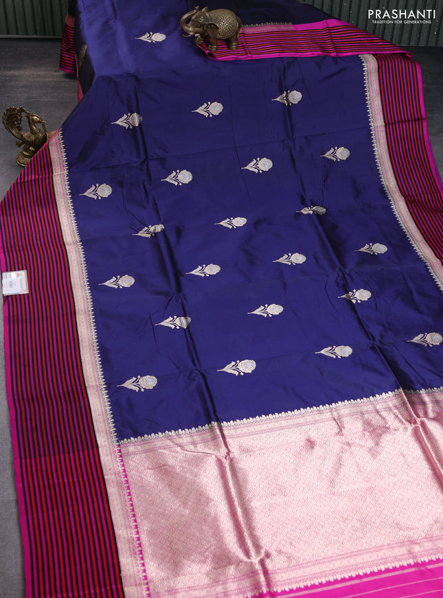 Banarasi katan silk saree navy blue and pink with zari woven floral buttas and zari woven simple border