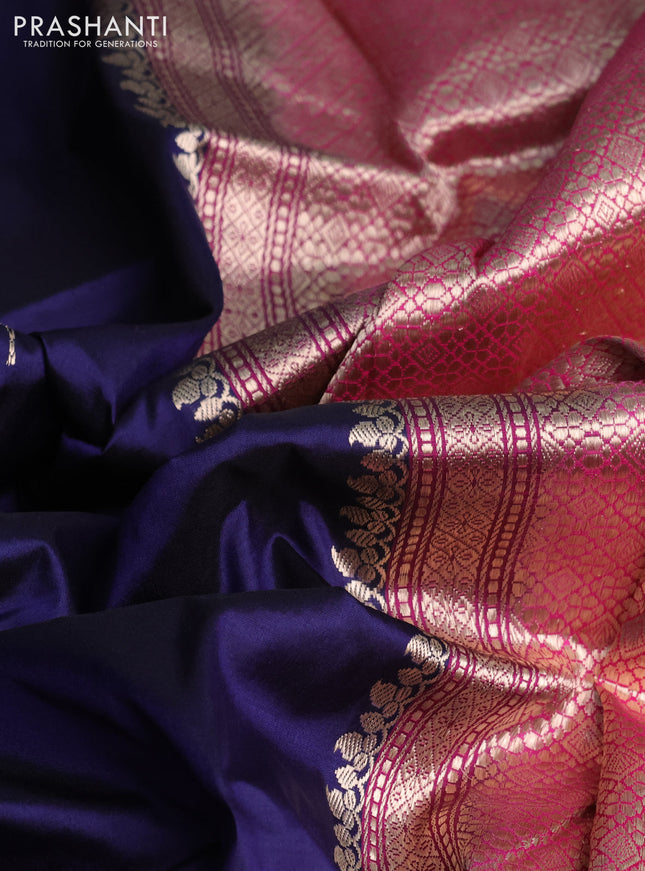 Banarasi katan silk saree navy blue and pink with zari woven floral buttas and zari woven simple border