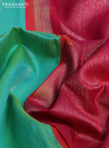 Pure raw silk saree dual shade of teal and reddish pink with allover silver zari weaves and small zari woven border