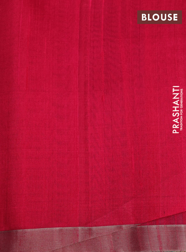 Pure raw silk saree dual shade of teal and reddish pink with allover silver zari weaves and small zari woven border