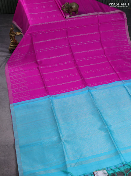 Pure raw silk saree magenta pink and teal blue with allover silver zari woven geometric buttas and zari woven border