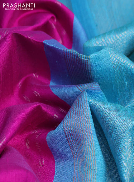 Pure raw silk saree magenta pink and teal blue with allover silver zari woven geometric buttas and zari woven border