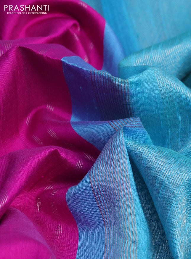 Pure raw silk saree magenta pink and teal blue with allover silver zari woven geometric buttas and zari woven border