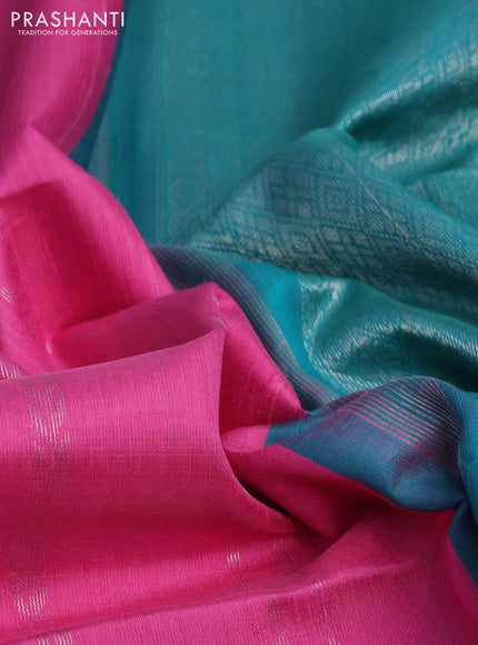 Pure raw silk saree peach pink and teal shade with allover silver zari weaves and small zari woven border