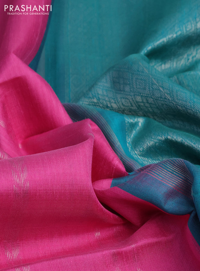 Pure raw silk saree peach pink and teal shade with allover silver zari weaves and small zari woven border