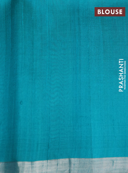 Pure raw silk saree peach pink and teal shade with allover silver zari weaves and small zari woven border