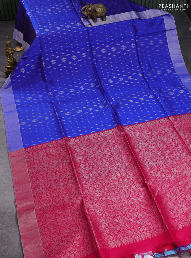 Pure raw silk saree royal blue and pink with allover silver zari woven geometric buttas and zari woven border