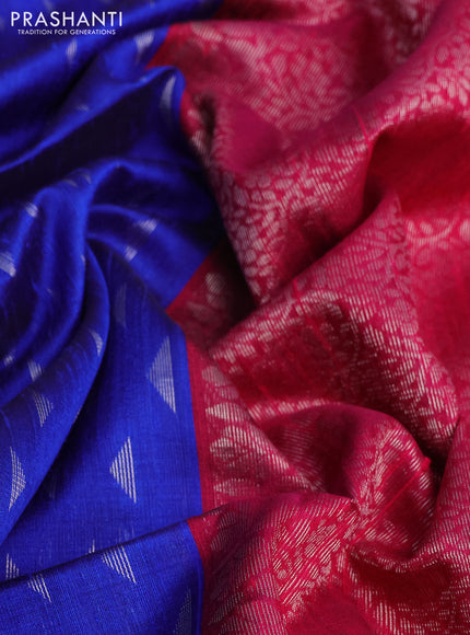 Pure raw silk saree royal blue and pink with allover silver zari woven geometric buttas and zari woven border