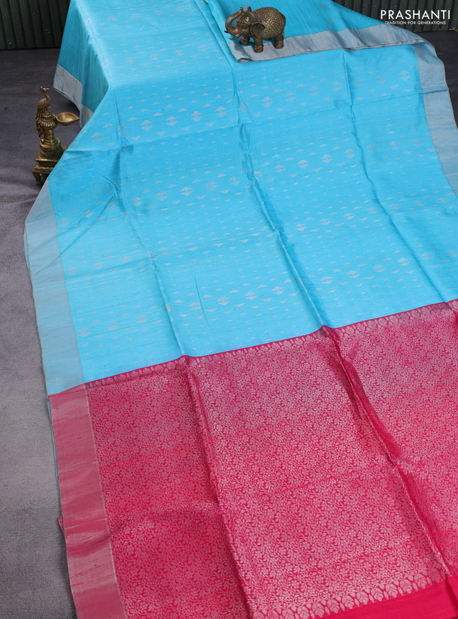 Pure raw silk saree teal blue and reddish pink with allover silver zari woven geometric buttas and zari woven border