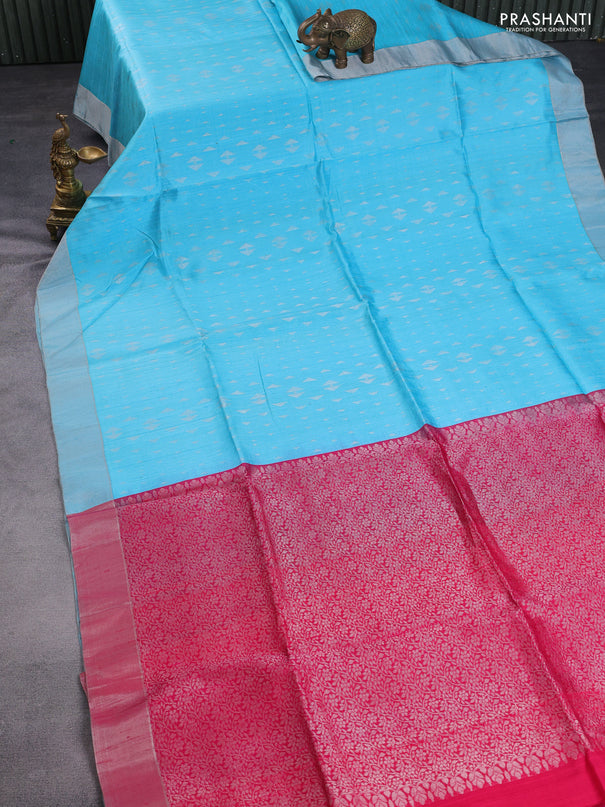 Pure raw silk saree teal blue and reddish pink with allover silver zari woven geometric buttas and zari woven border