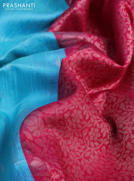 Pure raw silk saree teal blue and reddish pink with allover silver zari woven geometric buttas and zari woven border