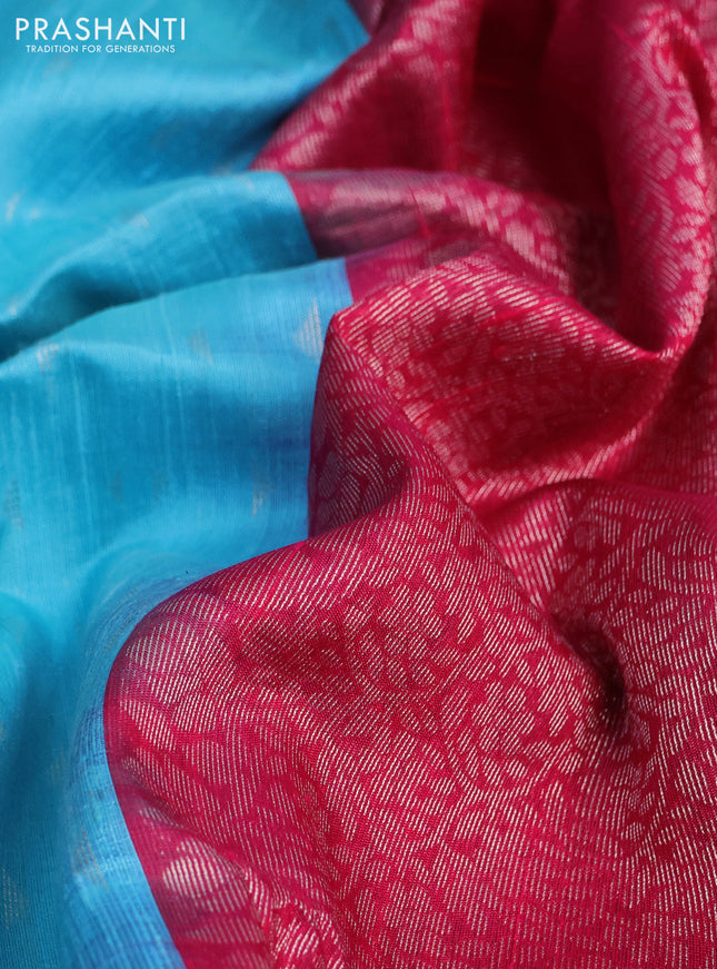 Pure raw silk saree teal blue and reddish pink with allover silver zari woven geometric buttas and zari woven border
