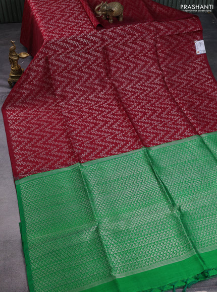 Pure raw silk saree maroon and green with allover silver zari weaves in borderless style