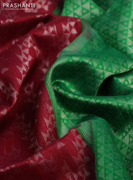 Pure raw silk saree maroon and green with allover silver zari weaves in borderless style