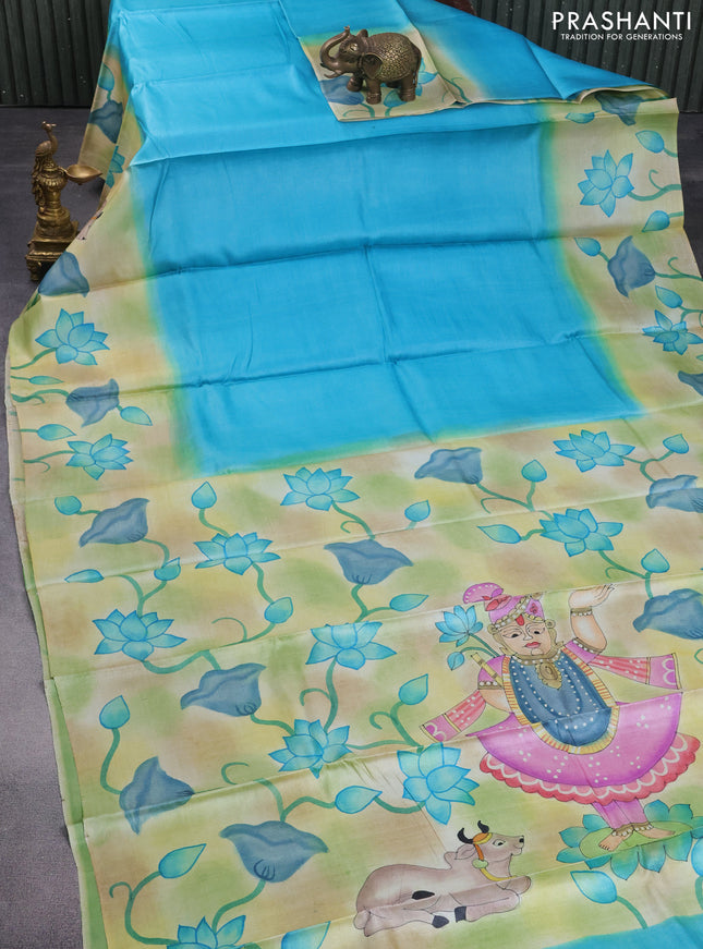 Pure tussar silk saree teal blue and green with plain body and pichwai hand painted pallu & border