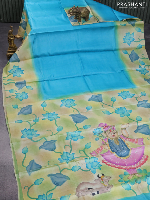 Pure tussar silk saree teal blue and green with plain body and pichwai hand painted pallu & border