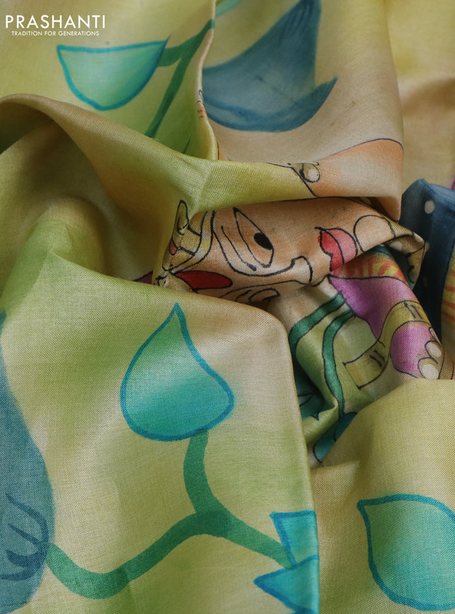 Pure tussar silk saree teal blue and green with plain body and pichwai hand painted pallu & border