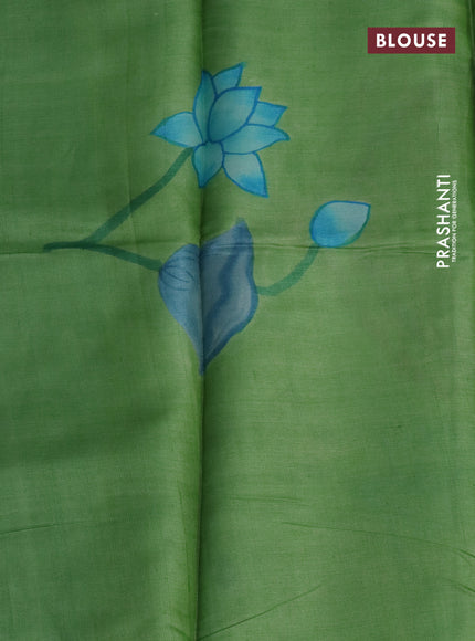 Pure tussar silk saree teal blue and green with plain body and pichwai hand painted pallu & border