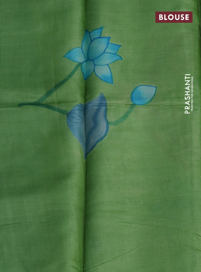 Pure tussar silk saree teal blue and green with plain body and pichwai hand painted pallu & border