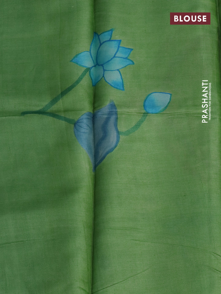 Pure tussar silk saree teal blue and green with plain body and pichwai hand painted pallu & border