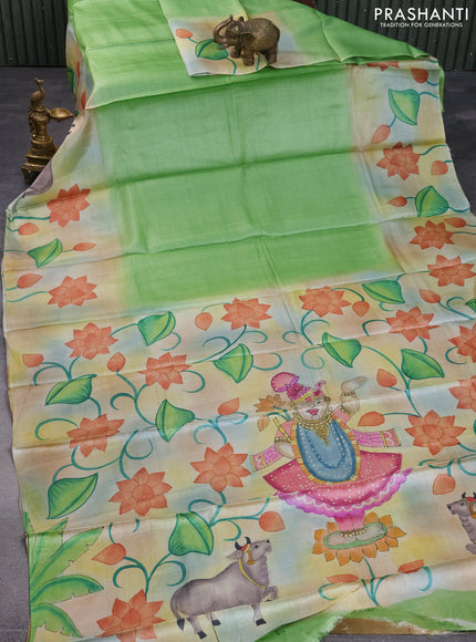 Pure tussar silk saree light green and dark sandal with plain body and pichwai hand painted pallu & border