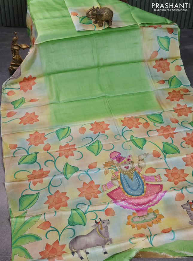 Pure tussar silk saree light green and dark sandal with plain body and pichwai hand painted pallu & border