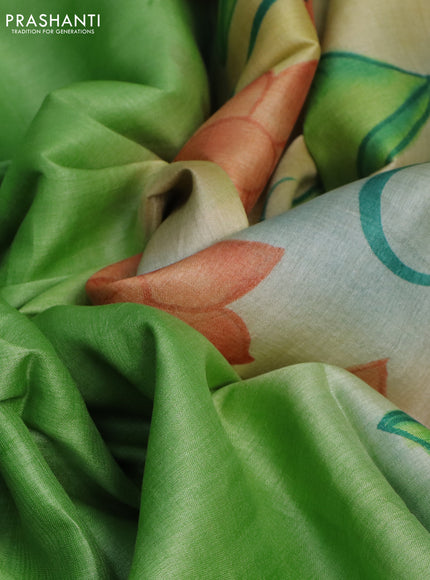 Pure tussar silk saree light green and dark sandal with plain body and pichwai hand painted pallu & border