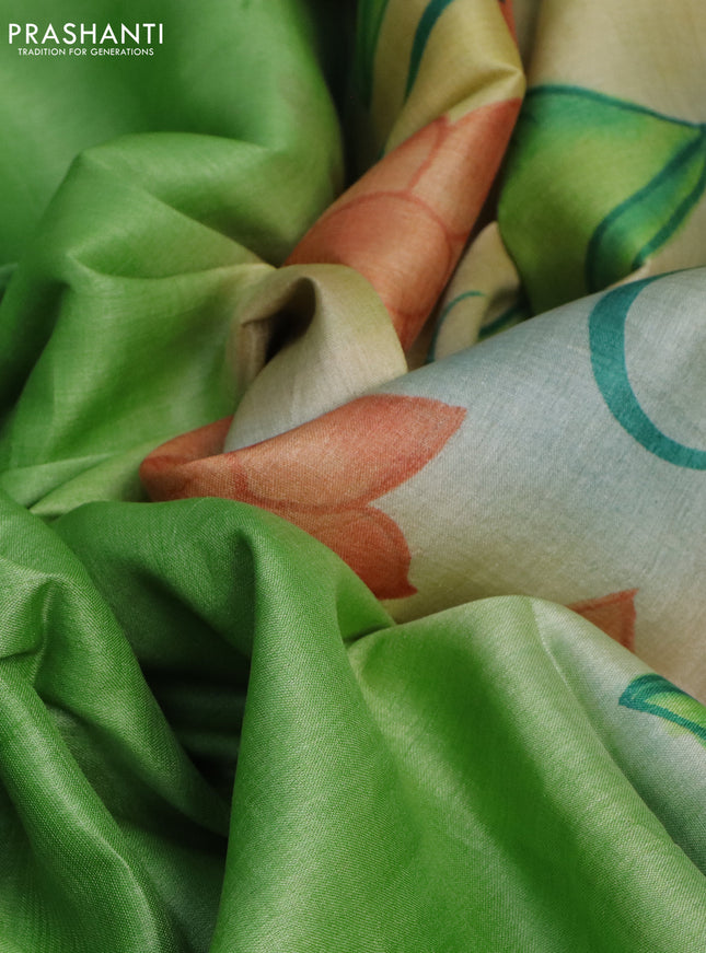 Pure tussar silk saree light green and dark sandal with plain body and pichwai hand painted pallu & border