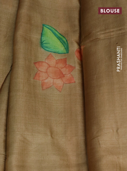 Pure tussar silk saree light green and dark sandal with plain body and pichwai hand painted pallu & border