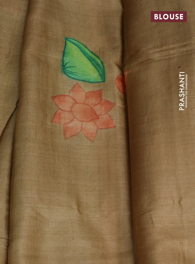 Pure tussar silk saree light green and dark sandal with plain body and pichwai hand painted pallu & border