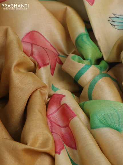 Pure tussar silk saree sandal and peach orange with plain body and pichwai hand painted pallu & border