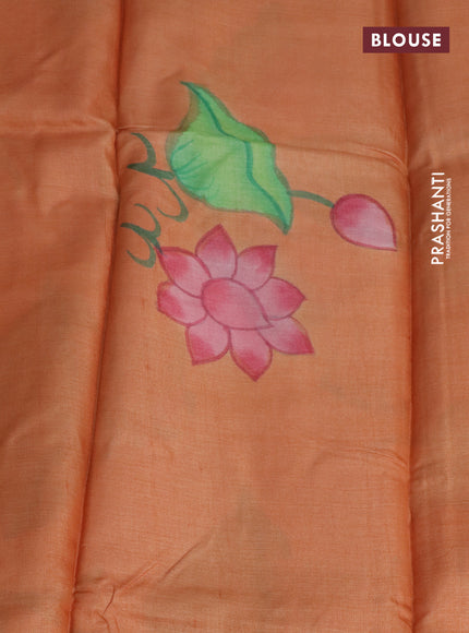 Pure tussar silk saree sandal and peach orange with plain body and pichwai hand painted pallu & border