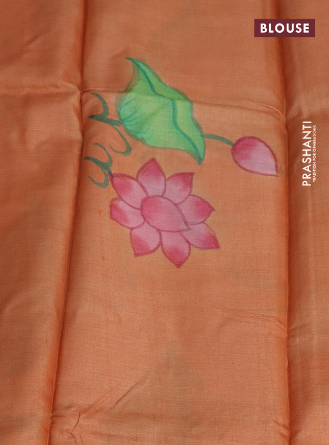 Pure tussar silk saree sandal and peach orange with plain body and pichwai hand painted pallu & border
