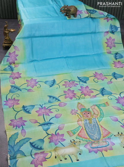 Pure tussar silk saree teal blue and light green with plain body and pichwai hand painted pallu & border
