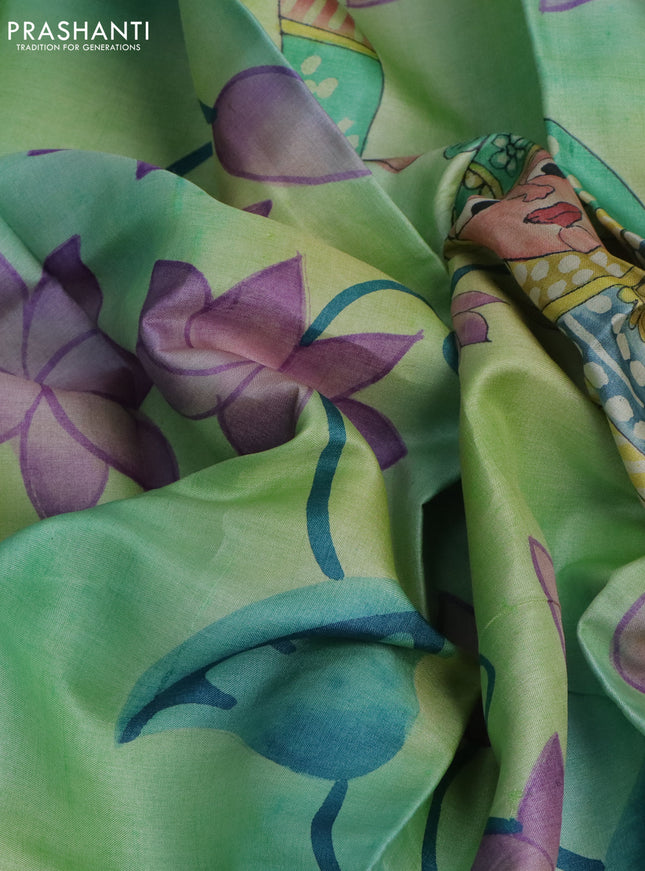 Pure tussar silk saree teal blue and light green with plain body and pichwai hand painted pallu & border