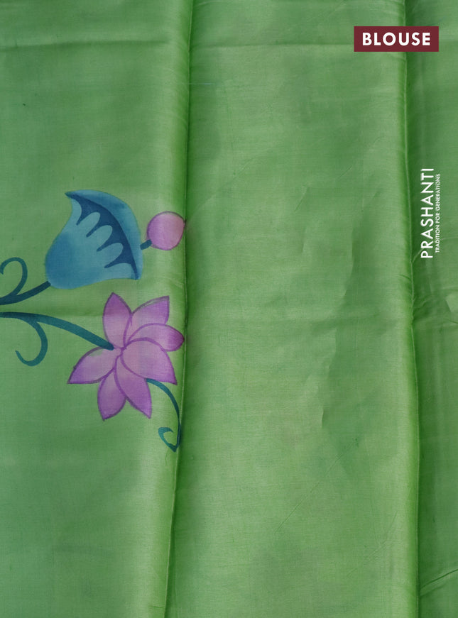 Pure tussar silk saree teal blue and light green with plain body and pichwai hand painted pallu & border