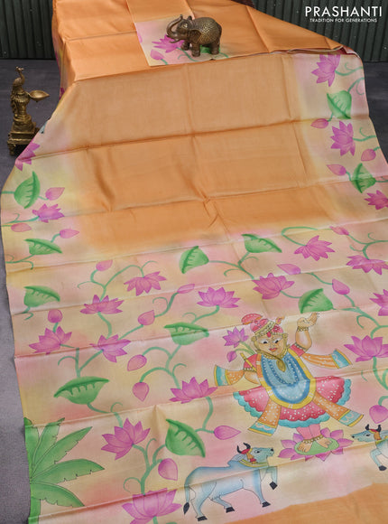 Pure tussar silk saree pale orange and brown with plain body and pichwai hand painted pallu & border