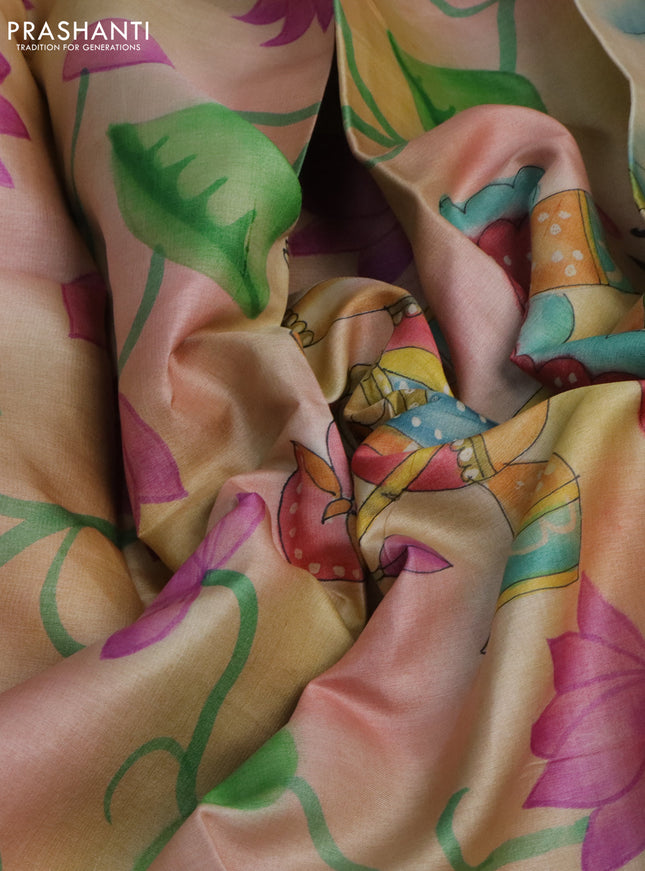 Pure tussar silk saree pale orange and brown with plain body and pichwai hand painted pallu & border