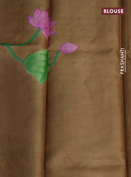Pure tussar silk saree pale orange and brown with plain body and pichwai hand painted pallu & border
