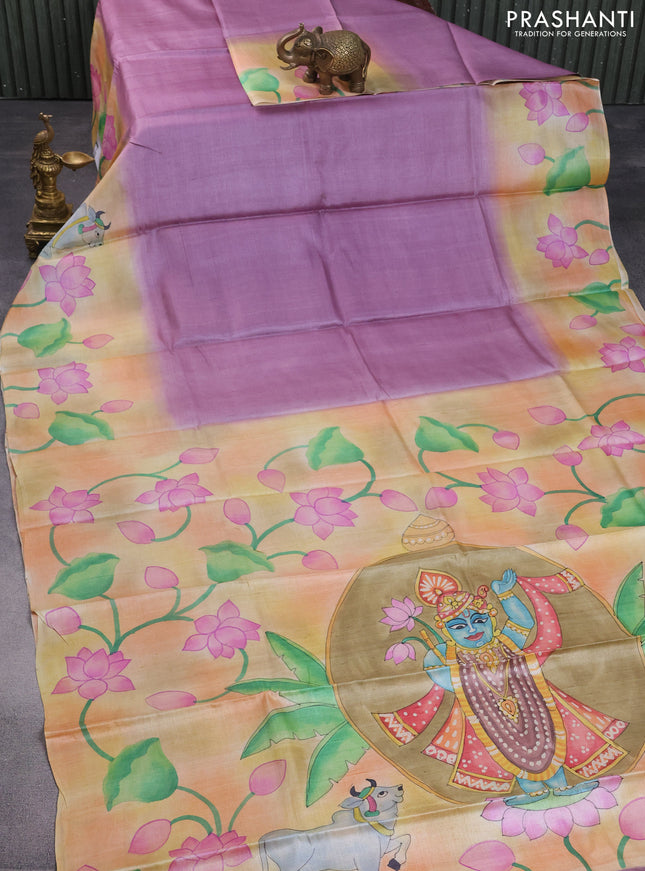 Pure tussar silk saree mauve pink and peach orange with plain body and pichwai hand painted pallu & border