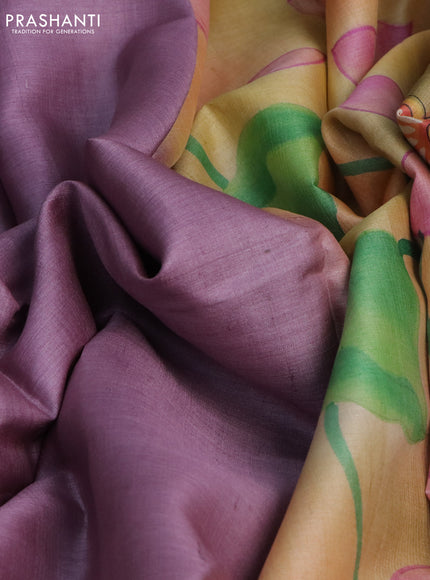 Pure tussar silk saree mauve pink and peach orange with plain body and pichwai hand painted pallu & border