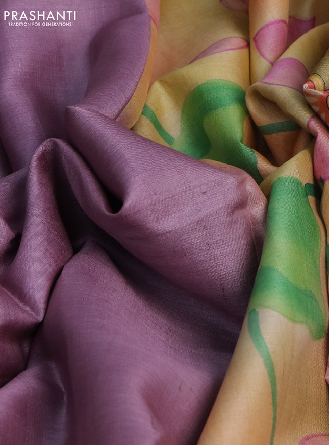 Pure tussar silk saree mauve pink and peach orange with plain body and pichwai hand painted pallu & border