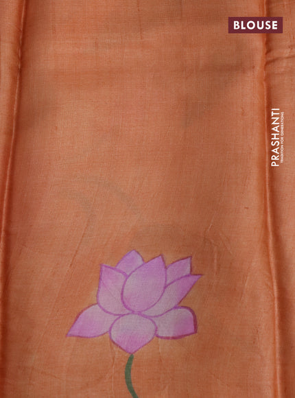 Pure tussar silk saree mauve pink and peach orange with plain body and pichwai hand painted pallu & border